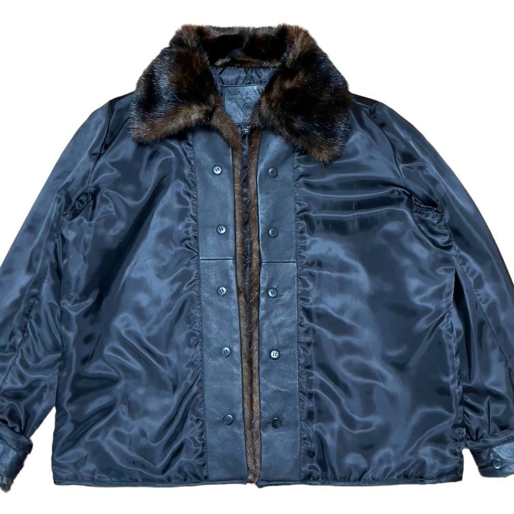 KATHY IRELAND Faux Fur Leather Trim Open Jacket LARGE